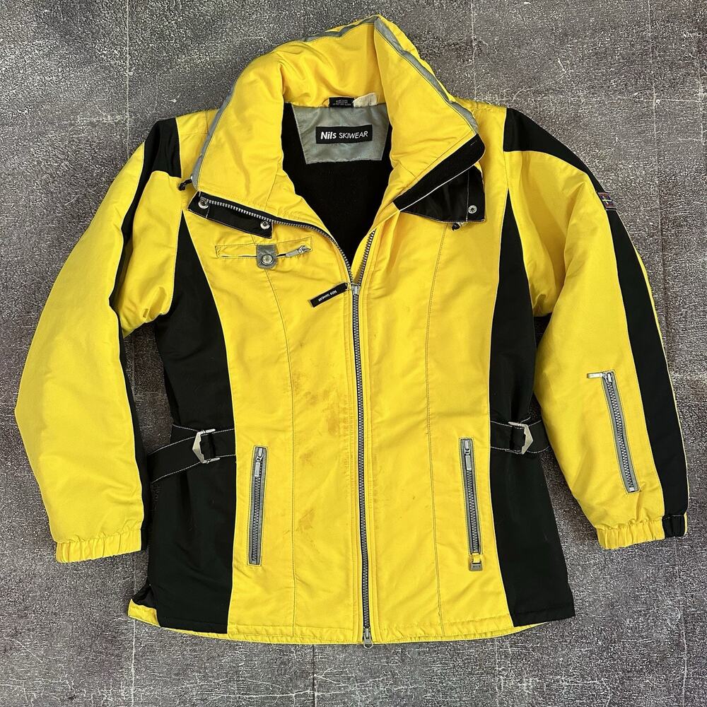 Women's Vintage Y2K Nils Skiwear Yellow Black Gray Belted Ski Coat Jacket Sz 8